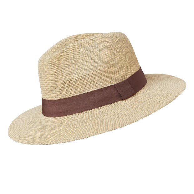 Paper panama hat with coffee coloured band. 