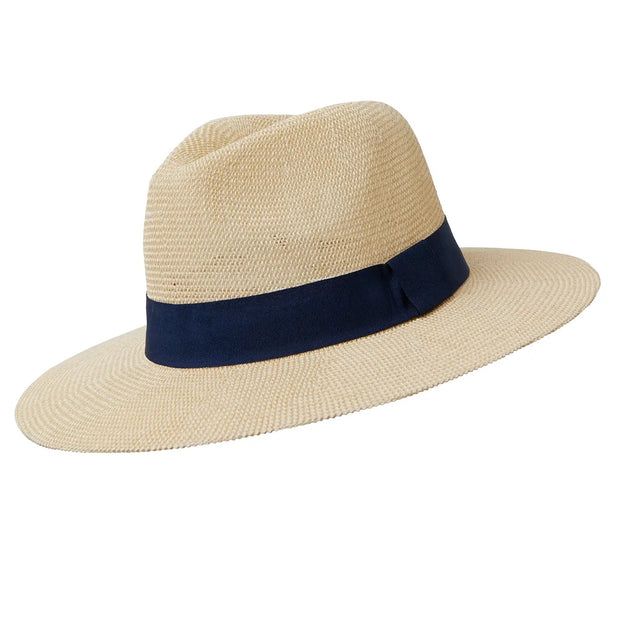 Paper panama hat with navy band. 