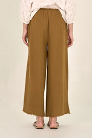 Raw Edge Trim Solid Gauze Trousers, Brown-Olive
