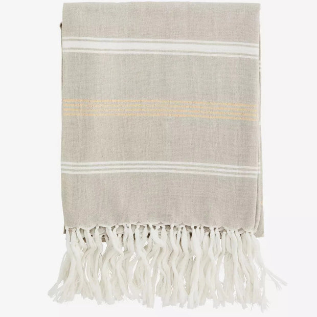 Beige, white and gold striped hammam towel, with white tassels