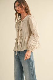 Striped Woven Blouse with Tie Front