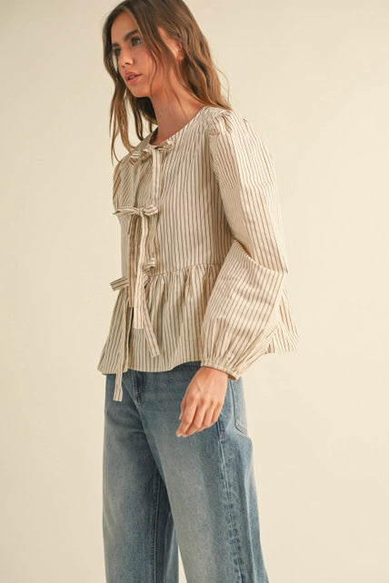 Striped Woven Blouse with Tie Front