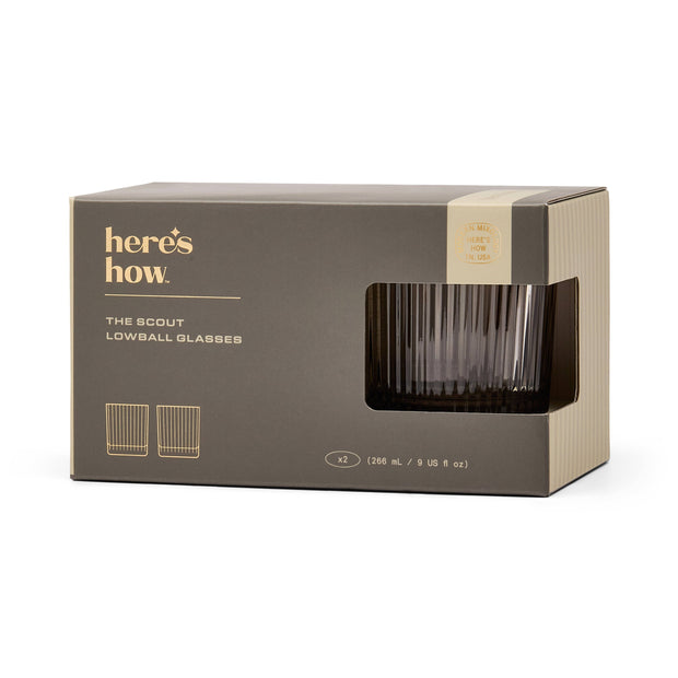 Box packaging for 'The Scout Lowball Glasses' by 'here's how' on a white background