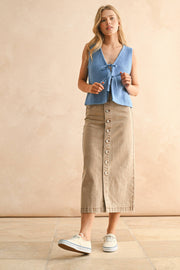 Button Front Washed Brown Skirt