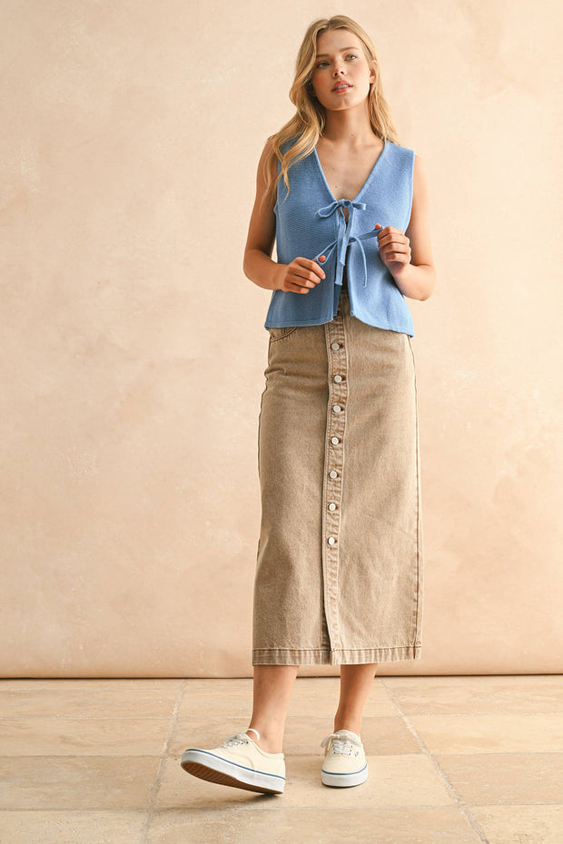 Button Front Washed Brown Skirt
