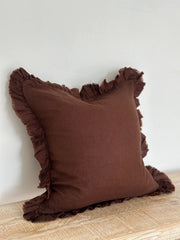 Hallie Brown Ruffled Linen Cushion. Ellenvale Trade