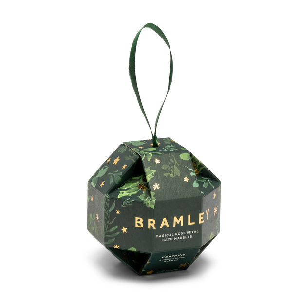 Rose Petal Bath Bombs Christmas Bauble -Hexagonal green packaging with floral patterns and 'Bramley' branding on a white background