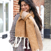 Two tone camel scarf with white chunky fringes. Lisa Angel 