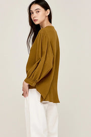 Brown Olive Smocked Shoulder Gauze Shirt