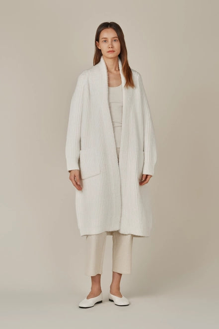 Grade and Gather white long cardigan, with shawl collar, long sleeves and pockets. 