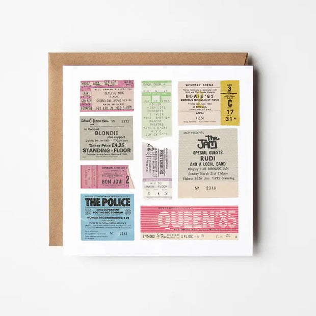 Retro illustrated square card showing concert ticket stubs from the eighties From Victoria shop 