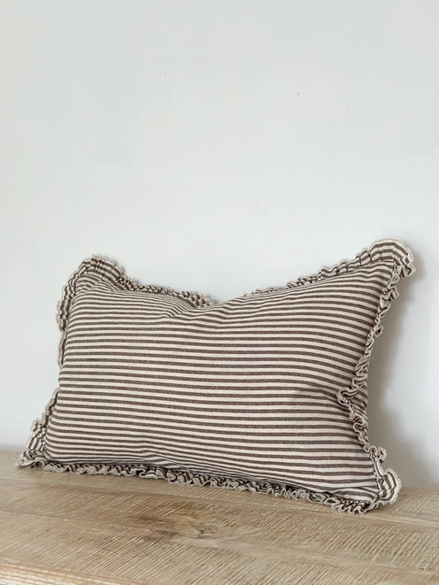 Dark Brown Striped Ruffle Cotton Cushion 50x30cm  – Darcy