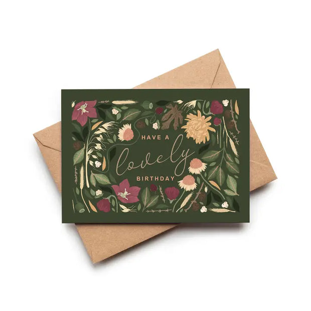 Lovely Birthday Moss Green Floral Botanical Birthday Card