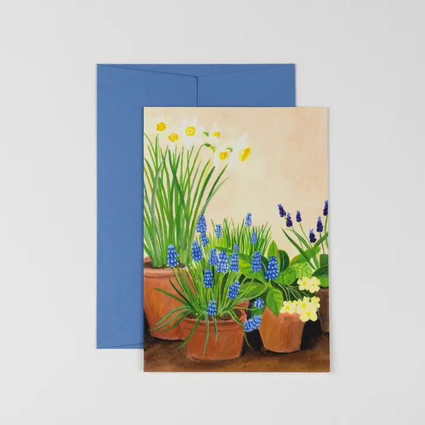 Illustrated  greeting card, with potted muscari and spring plants. Peggy and Kate