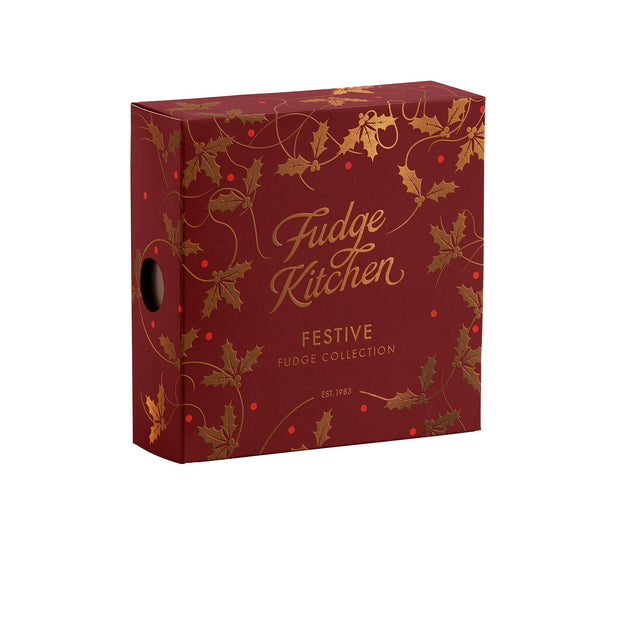 Fudge Kitchen festive fudge collection box with holly design on a white background
