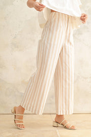 Linen Blend Stripe Pattern Wide Leg Trousers