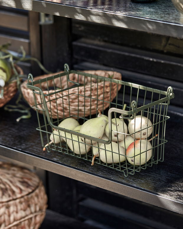 Metal Stacking Storage Basket in Army Green displayed with fruits