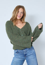 model wearing Charlie Cardigan in Olive