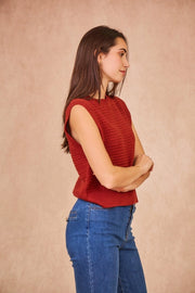 model wearing Miranda- Sleeveless Knit Brick Red Top