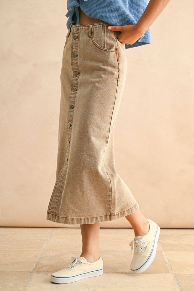 Button Front Washed Brown Skirt