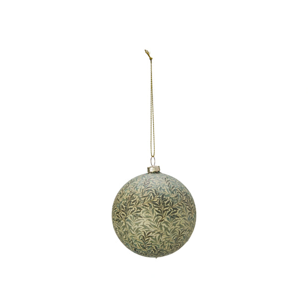 Decorative green bauble ornament style 1 with gold leaf pattern on a white background