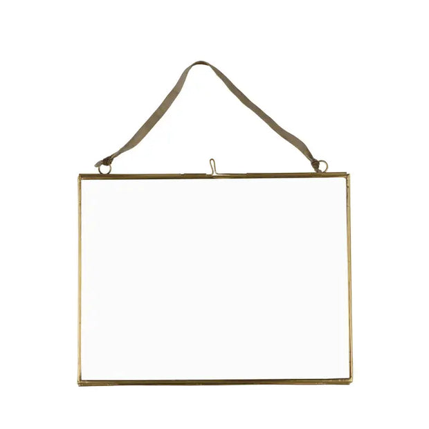 Gold rectangular picture frame with a strap on a white background