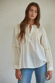 Woven Cotton Long Sleeve Button Up Round Neck Top in cream