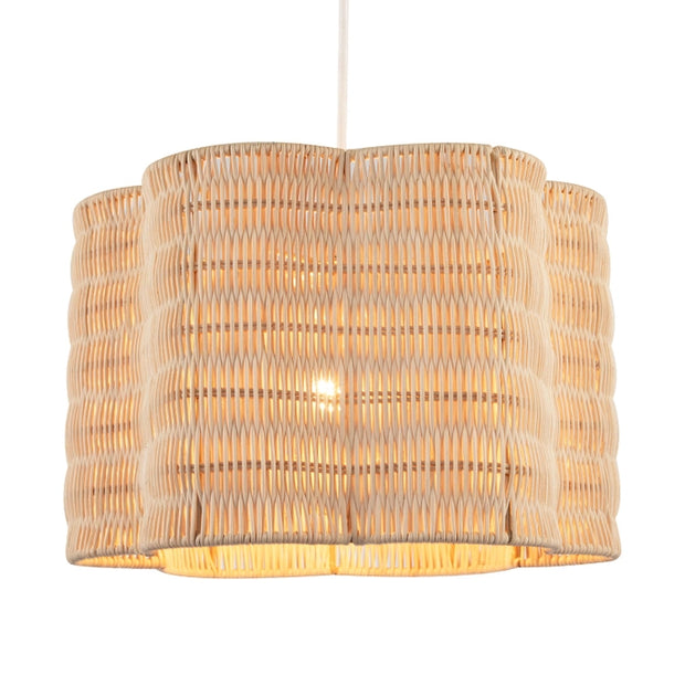 Classic Scallop Edged Natural Rattan Wicker Pendant Lighting Shade when lit