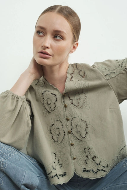 Denim Embroidery Volume Sleeve Blouse Top