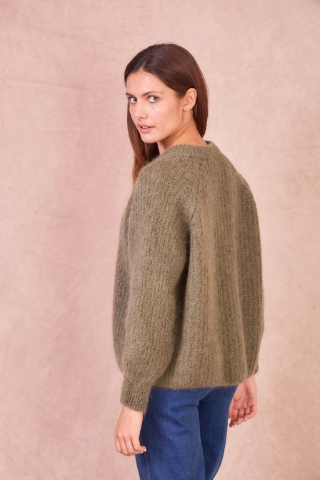 side profile of model wearing Mohair Blend Cardigan in Brown