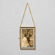 Brass and glass hanging photo frame. Medium - 16cm x 11cm x 0.9cm (Full Length with Chain - 32cm) - Can hold up to a 6x4 inch photo.
