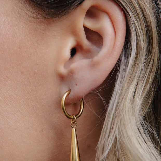 close up detail of Gold Elongated Drop Earrings, Waterproof