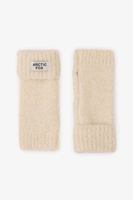 Pair of beige knit hand warmers 'Arctic Fox' on a white background
