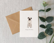 Illustrated pug birthday card. Blank inside