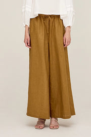 Drawstring wide leg linen pants in brown olive. Grade and Gather