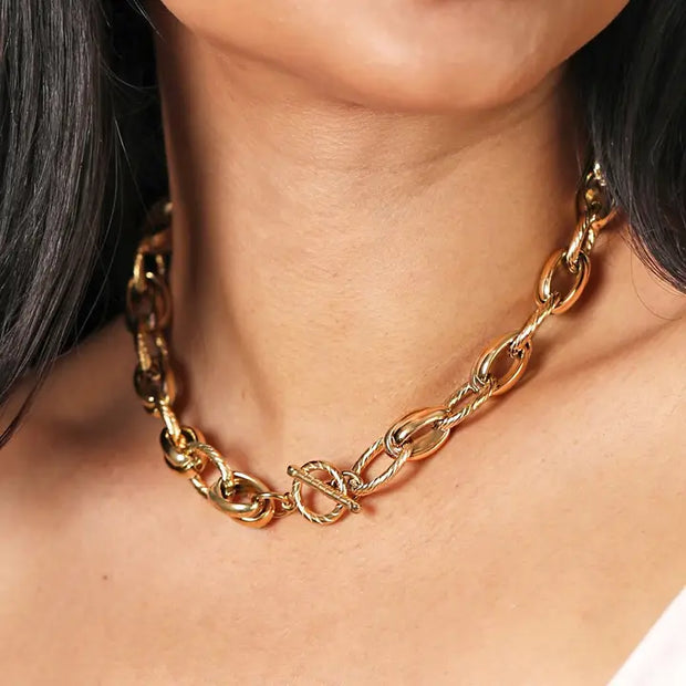Stainless Steel Textured Dual Link Chain Necklace in Gold, Lisa Angel