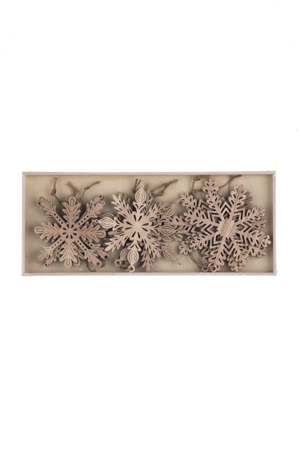 Nine Wooden Snowflakes Boxed