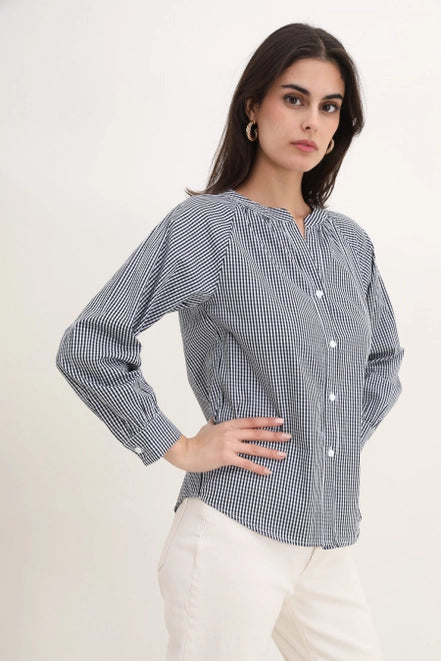 Gingham Blouse Navy and White - "Tristan"