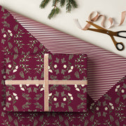 Burgundy Botanicals Christmas Gift Wrap | Double Sided Wrap