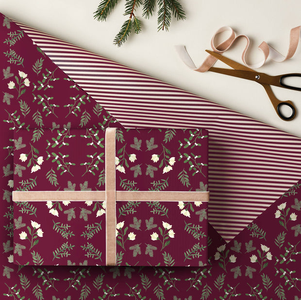Burgundy Botanicals Christmas Gift Wrap | Double Sided Wrap