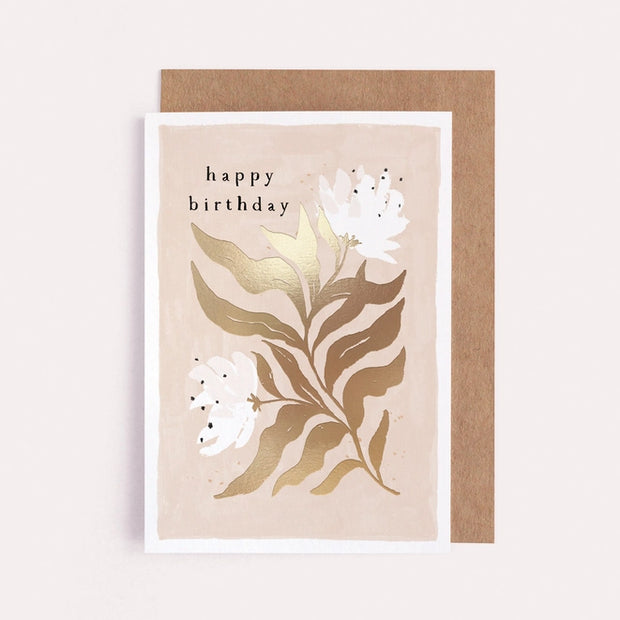 Hand painted birthday card with floral design,  luxe stamped gold foil detail. Sister Paper Co.