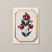 Red and green botanical card, with gold foil edging. Reading "forever and always". Katie Housley 