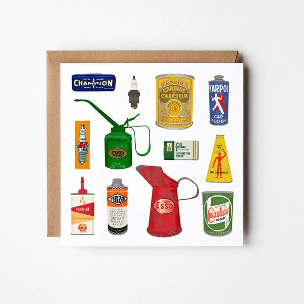Square card features a 'Petrolheads' original illustration and depicts a collection of vintage car tools and accessories. Blank inside.