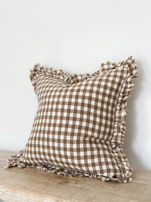 Hallie Ruffled Linen Cushion Cover Brown Gingham