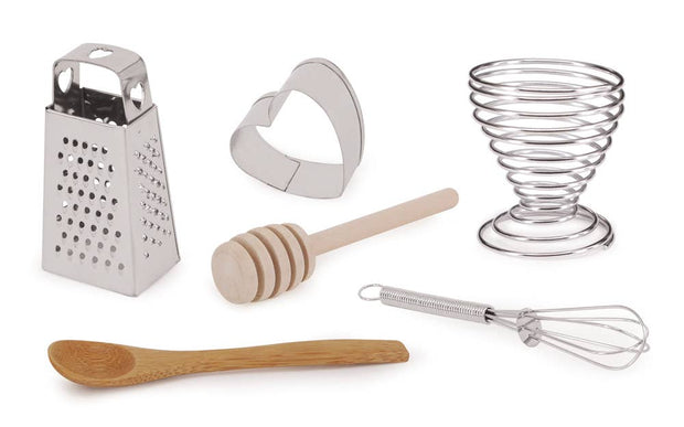 Set of kitchen utensils including a grater, cookie cutter, honey dipper, whisk, and wooden spoon on a white background. included in Laura Ashley Red Festive Botanicals 13" (6pcs) FSC Mix