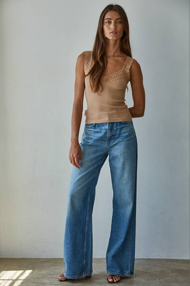 Cropped Knit Seamless Ribbed Tank Top with Lace Trim