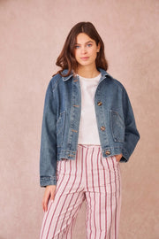 model wearing denim jacket