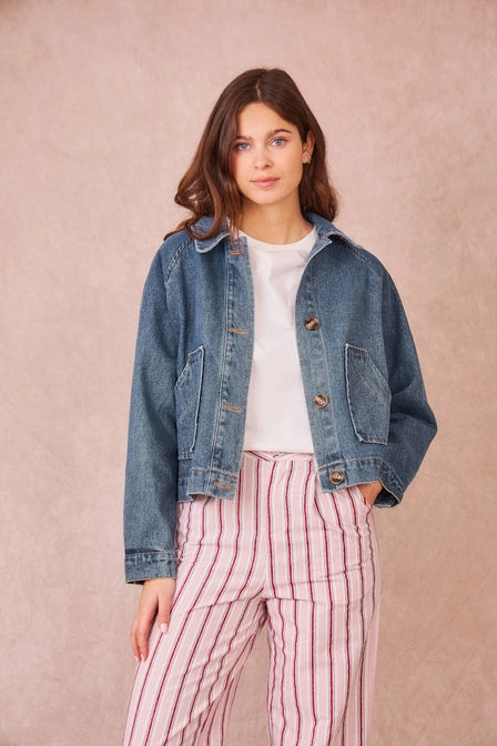 model wearing denim jacket