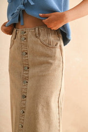 Button Front Washed Brown Skirt