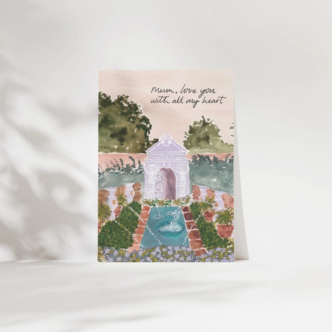 A6 greeting card with a walled garden illustrated design. Reading "Mum, Love you with all my heart". Blank inside.